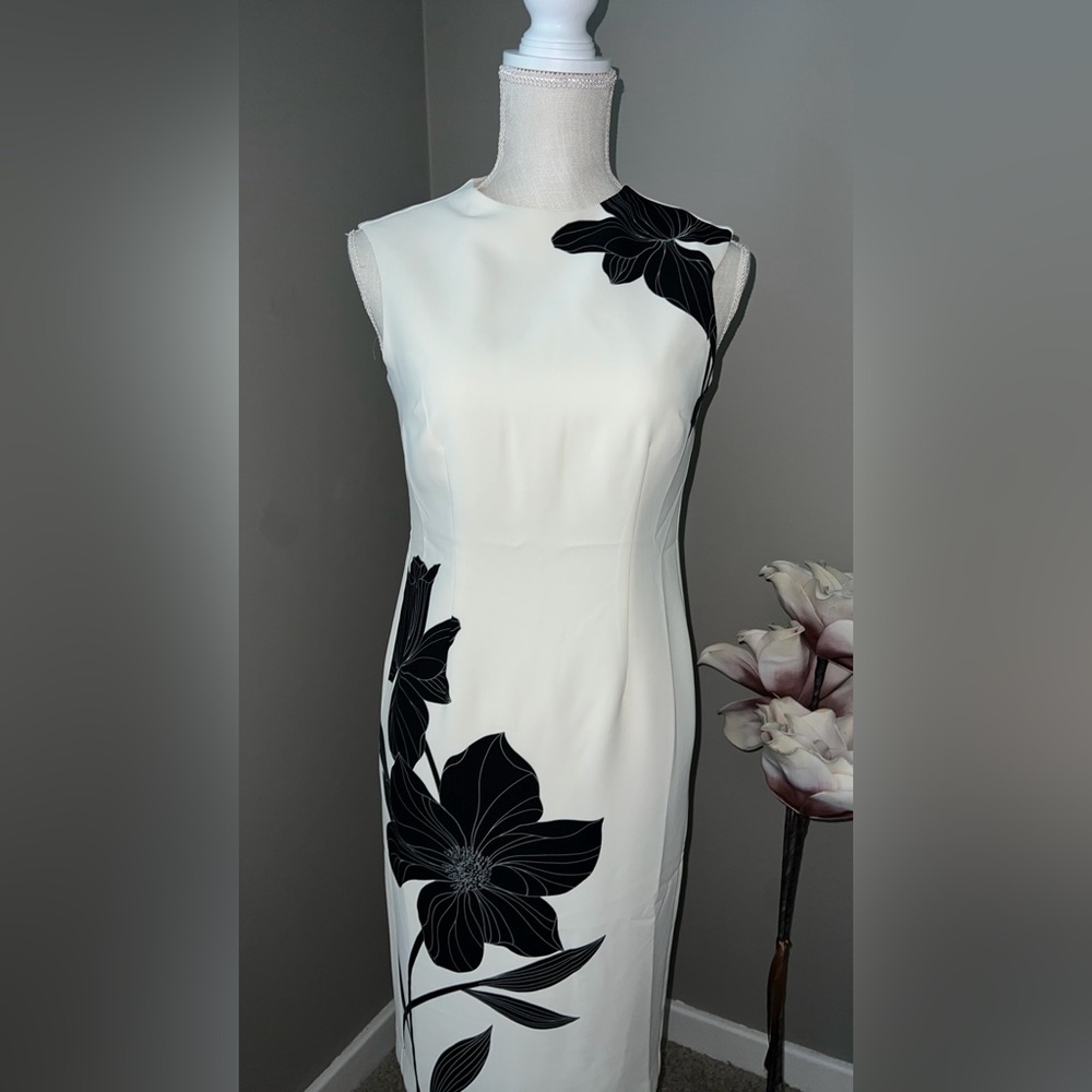 NWT ✨Ann Taylor White Midi Dress with Black Floral Motif Size 00 Petite - Picture 6 of 7